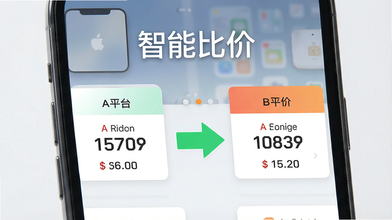手机界面展示比价功能,左侧列出A平台价格,右侧列出B平台价格,中间有一个绿色箭头指向较低价格,背景简洁,文字“智能比价”清晰,风格现代,细节精致,高清画质,无杂乱背景