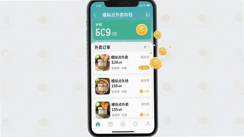 主体为手机屏幕界面,显示“模拟点外卖存钱”APP首页,布局清晰,顶部为余额显示区,中部为外卖订单列表,底部为导航栏,风格为扁平化UI设计,细节包含外卖图标、金币动画特效,画质高清,干净,无多余元素