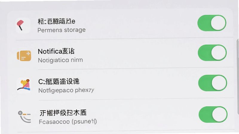 主体为手机设置界面,显示权限管理选项,布局为列表状,排版简洁,风格为系统原生UI,细节包含存储、通知等权限开关图标,画质清晰,干净,无多余元素