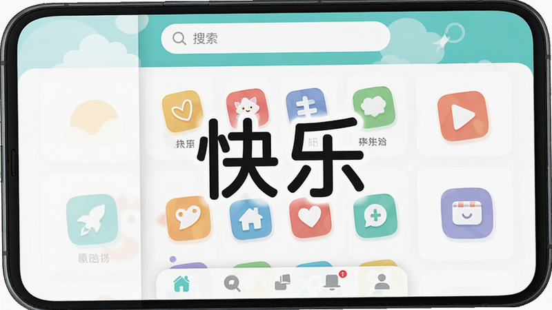 主体为手机屏幕显示“快乐”应用首页,布局简洁,顶部有搜索栏,中部为功能图标网格,底部导航栏,风格为扁平化设计,细节清晰,文字“快乐”醒目,画质高清,干净,无多余元素