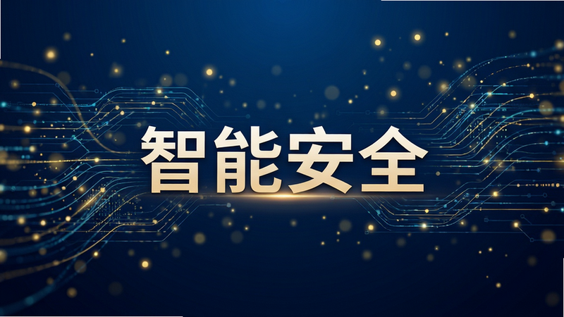 主体为抽象化的数据流动线条,象征智能调度,背景为深蓝色渐变,点缀金色光点,风格科技感强,细节精致,文字“智能安全”居中显示,画质超清,干净,无杂乱背景