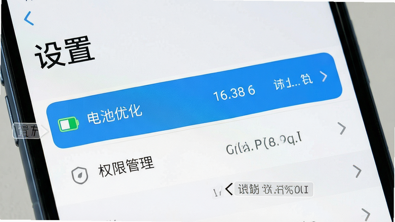 主体为手机设置界面截图,高亮显示“电池优化”与“权限管理”选项,布局清晰,风格为UI设计展示,细节标注明确,文字“设置”清晰可见,画质锐利,干净,无干扰元素