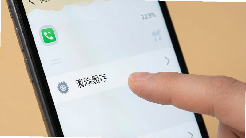 手机屏幕特写,显示应用设置界面,手指正在点击“清除缓存”选项,背景为纯色,布局简单明了,风格扁平化设计,细节清晰,画质高,干净,无多余元素,图中无文字