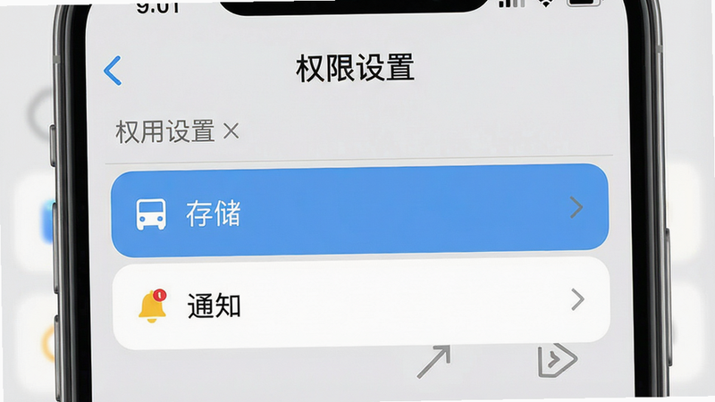 手机设置界面示意图,显示应用权限管理页面,高亮显示“存储”和“通知”选项,背景为浅灰色,界面元素清晰,文字标注“权限设置”,高清UI设计,简洁明了
