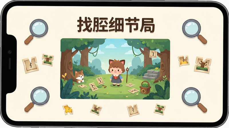 游戏界面全景展示,画面中央为高清插画场景,包含“找茬细节局”标题文字,周围散落着放大镜图标和线索碎片,背景为柔和的米白色,整体风格清新治愈,扁平化设计,高清画质,无多余元素