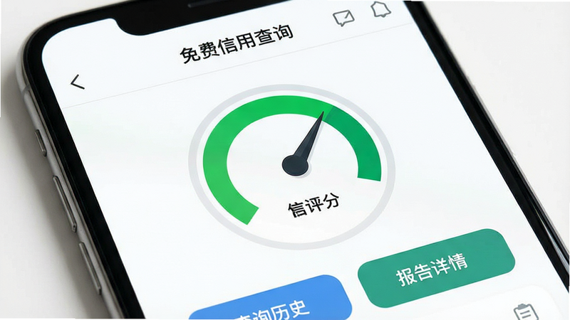 一张展示手机界面的特写图,屏幕中央显示“免费信用查询”APP的主界面,背景为简洁的白色,顶部有清晰的导航栏,中间是一个圆形的信用评分仪表盘,指针指向绿色区域,下方列出“查询历史”和“报告详情”两个大按钮,整体风格现代、扁平化、高清、无杂乱元素