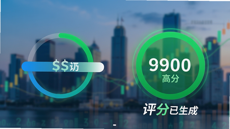 手机屏幕截图风格,显示一个动态的信用评分加载动画,随后定格在一个高分的绿色圆圈中,背景是模糊的金融城市天际线,突出速度和准确性,文字清晰显示“评分已生成”,画质精致,色彩鲜明