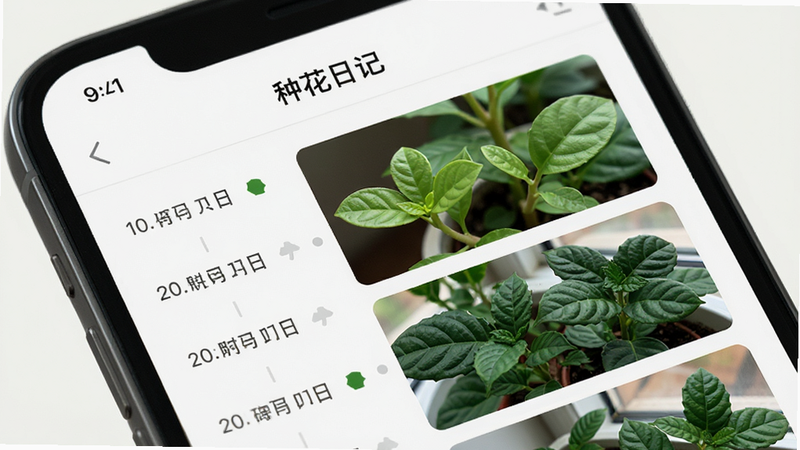 �ֻ���Ļ��д����ʾ���ֻ��ռǡ�APP��ʱ������棬����������б����Ҳ��Ƕ�Ӧ��ֲ��������Ƭ����Ƭ����չʾҶƬ�����̵����̵Ĺ��̣������࣬��������������ƽ��������ϸ�壬�޶���Ԫ��