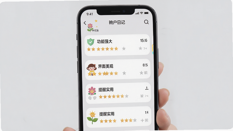 �ֻ���Ļ��ʾ���ֻ��ռǡ�APP���û����۽��棬չʾ�����������ۣ��硰����ǿ�󡱡����������ۡ���������ʵ�á��ȣ�����Ϊǳ��ɫ�����������������ܰ�����ʸ��壬�޶���Ԫ��
