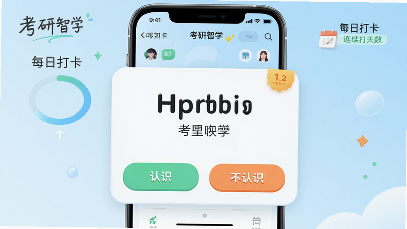 主体为APP内的“背单词”功能界面,布局中心是一个巨大的单词卡片,显示英文单词和中文释义,下方有“认识”和“不认识”两个大按钮,背景为淡蓝色渐变,风格清新活泼,细节包含进度环和连续打卡天数,画质精致,干净无多余元素,文字包含“考研智学”、“每日打卡”