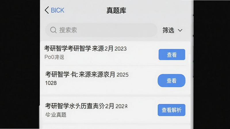 主体为APP内的“真题库”页面,布局采用列表形式,每一行显示一道真题的题目片段和来源年份,右侧有“查看解析”按钮,背景为浅灰色,风格简约商务,细节处有搜索栏和筛选下拉菜单,画质高清,干净无多余元素,文字包含“考研智学”、“历年真题”