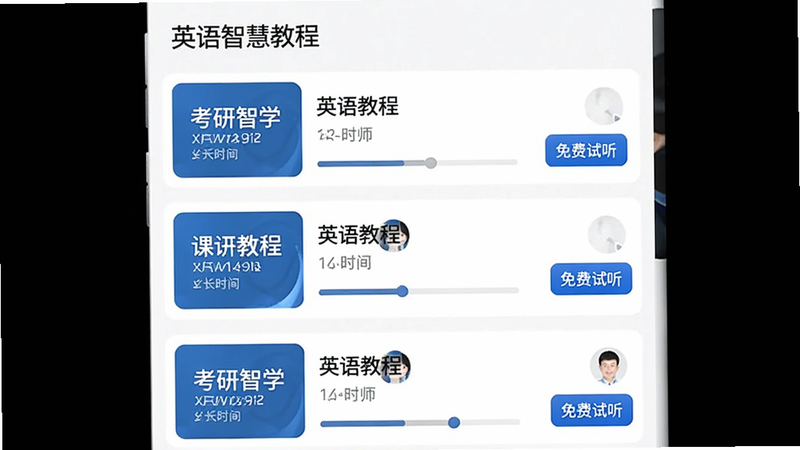 主体为APP内的“英语智慧教程”课程列表页面,布局为垂直排列的课程卡片,每个卡片显示课程标题、时长和讲师头像,背景为白色,风格专业严谨,细节包含播放进度条和“免费试听”按钮,画质高清,干净无多余元素,文字包含“考研智学”、“英语教程”