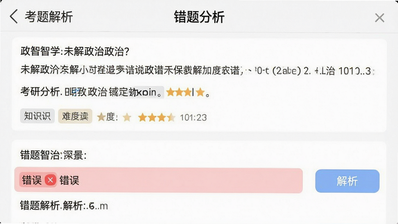 主体为APP内的“错题分析”功能界面,布局清晰,上方展示一道未解的政治题,下方列出三个选项,其中一个选项被红色高亮标记为“错误”,旁边有“解析”按钮,背景为白色,风格扁平化,细节包含知识点标签和难度星级,画质清晰,干净无多余元素,文字包含“考研智学”、“错题解析”