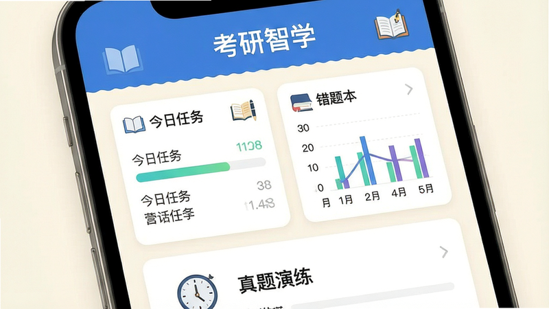 主体为一款名为“考研智学”的移动端APP界面展示,布局采用简洁的卡片式设计,顶部显示“考研智学”标题,中间分为三个模块:左侧是“今日任务”进度条,右侧是“错题本”统计图表,底部是“真题演练”入口,背景为淡雅的米白色,风格清新现代,细节处有书本和钢笔的图标点缀,画质高清,干净无多余元素,文字清晰可见“考研智学”