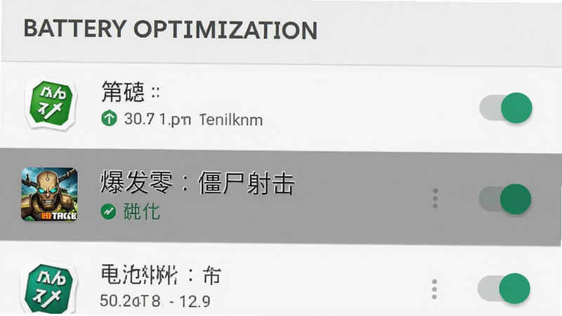 手机设置界面截图,主体为安卓系统的“电池优化”列表,高亮显示