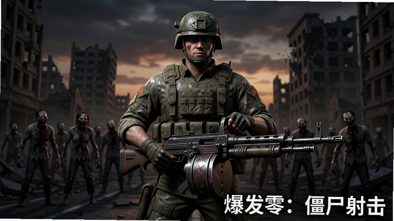 游戏主视觉图,主体为手持重机枪的士兵站在废墟街道上,背景是昏暗的黄昏天空与远处坍塌的大楼,布局采用中心构图,突出前景人物与远处僵尸群的对比,排版简洁大气,风格为写实3D渲染,细节丰富展现装甲划痕与枪身金属质感,画质8k,干净,无多余元素,文字标签