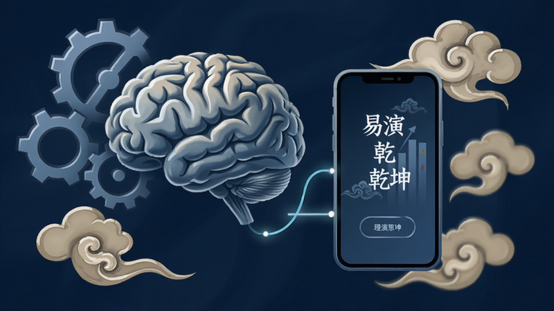 抽象概念图,展示一个大脑与手机屏幕连接的画面,屏幕上显示“易演乾坤”的简化界面,周围环绕着象征理性思考的齿轮与象征文化传统的云纹,色调冷静理性,传达“理性使用工具”的理念,高清插画风格,无多余文字