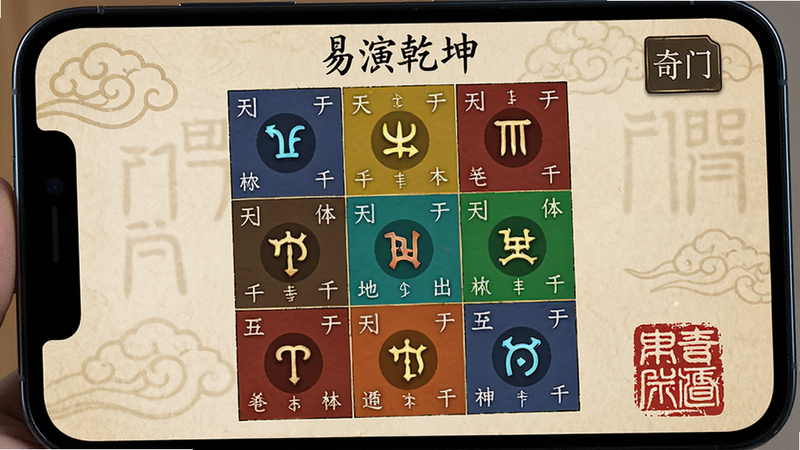 手机屏幕展示“易演乾坤”的奇门遁甲盘面,九宫格布局清晰,每个格子内标注天干地支与神星符号,颜色区分明显,界面右上角有“奇门”标签,整体风格古朴典雅,带有传统印章水印,高清特写,无文字遮挡,视觉聚焦于盘面结构