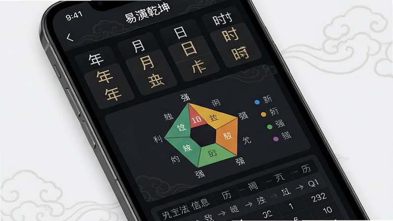 手机界面特写,显示“易演乾坤”的排盘结果页,界面上方为清晰的八字柱(年、月、日、时)排列,中间区域展示五行强弱分析图表,下方为干支历法信息,整体UI采用深色模式,字体清晰易读,背景有淡淡的云纹装饰,体现专业与稳重,高清细节,布局规整