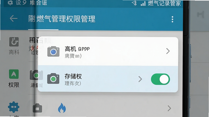 手机设置界面示意图,展示“燃气记录管家”在权限管理中的状态,高亮显示相机与存储权限为开启状态,背景为安卓系统设置菜单,风格扁平化,图标清晰,画质细腻,无多余文字干扰