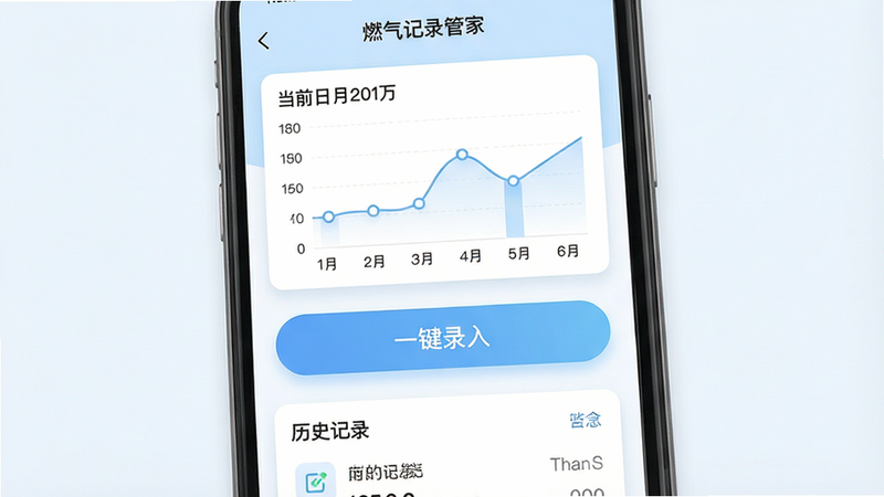 一张高清手机屏幕展示图,主体为“燃气记录管家”App首页界面,布局清晰,顶部显示当前月份总用量图表,中部为“一键录入”大按钮,底部为历史记录列表,风格为现代简约扁平化设计,配色清新淡蓝与白色为主,细节处有柔和阴影,画质高清,干净无多余元素