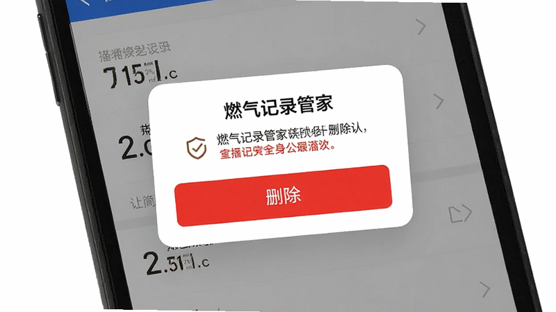 手机界面展示“燃气记录管家”的数据删除确认弹窗,红色“删除”按钮醒目,背景为记录列表,风格简洁,强调操作的安全性提示,画质清晰,无多余元素