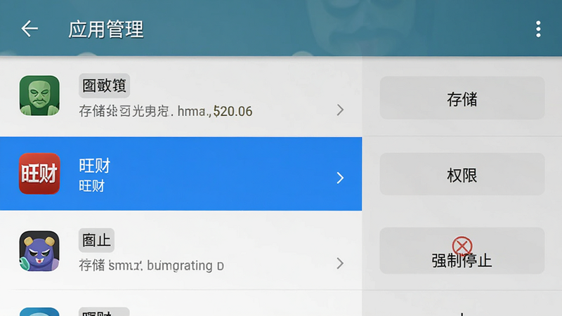 手机设置界面截图,显示“应用管理”列表,其中“旺财”应用被高亮选中,右侧有“存储”、“权限”、“强制停止”等选项按钮,界面风格为典型的Android系统设置风格,简洁清晰,4k画质,干净,无多余元素