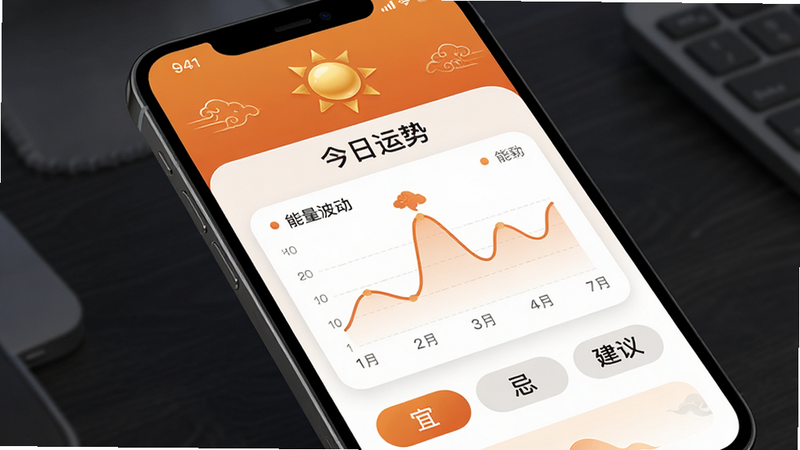 手机应用界面截图,显示“今日运势”页面,顶部有金色的太阳图标,下方是流畅的折线图展示能量波动,底部有三个标签页:宜、忌、建议,界面采用圆角卡片式设计,字体清晰,配色为暖橙色与白色,风格科技感与国潮风结合,4k画质,干净,无多余元素