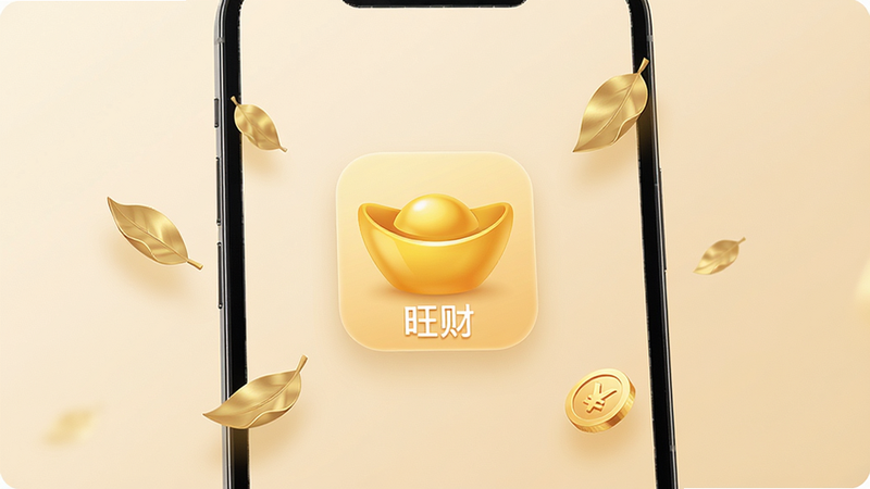 一张展示手机屏幕的高清图片,屏幕中央显示名为“旺财”的应用图标,图标为金色元宝形状,背景为柔和的米黄色渐变,周围漂浮着几片金色的叶子和硬币元素,整体风格简约现代,光影柔和,无多余文字,4k画质,干净,无多余元素