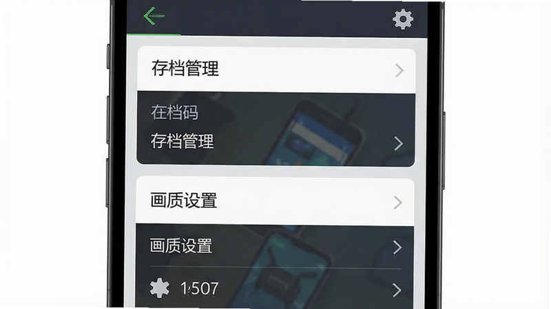 主体为手机游戏设置界面截图,布局为垂直列表,排版简洁,风格为现代扁平化UI,细节显示“存档管理”和“画质设置”选项,画质清晰,干净无多余元素