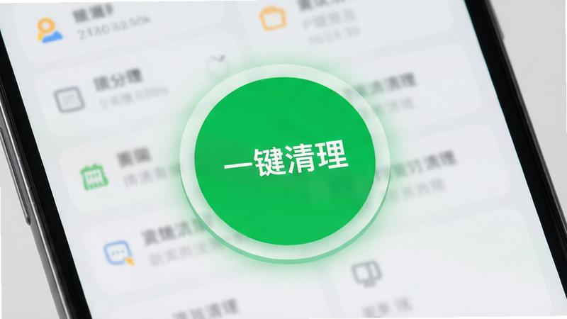 主体为手机界面,中央有一个醒目的绿色圆形按钮,文字标注