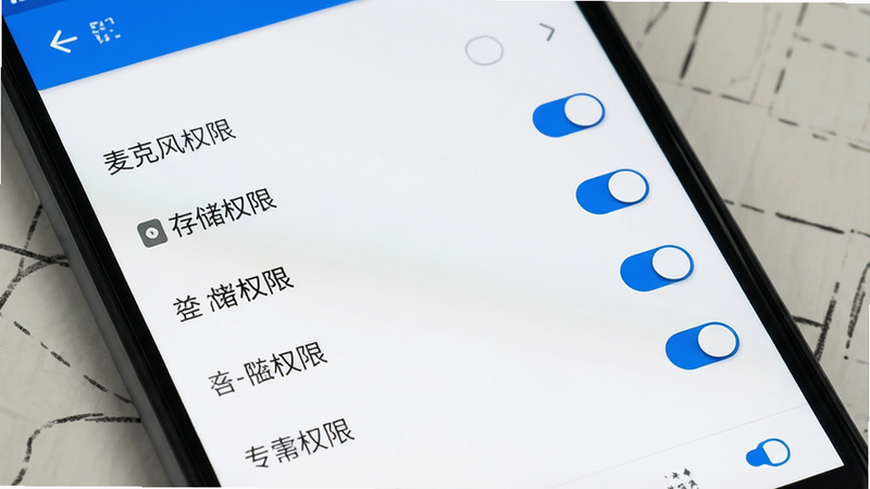 主体为一部安卓手机屏幕显示设置界面,布局为列表式菜单,排版清晰,风格为UI设计稿,细节处可见“麦克风权限”、“存储权限”等开关状态,色彩为白底黑字配蓝色高亮,画质高清清晰,干净无水印,无多余文字