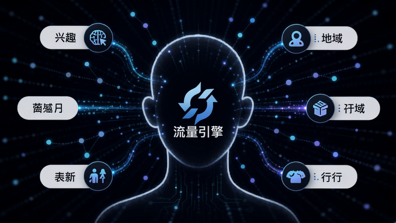 主体为抽象的人像轮廓与数据节点连接图,布局呈辐射状,中心为“流量引擎”Logo,周围环绕着代表兴趣、地域、行为的图标标签,排版紧凑有序,风格为极简科技风,细节展示数据流动的光效,画质清晰,干净,无多余元素