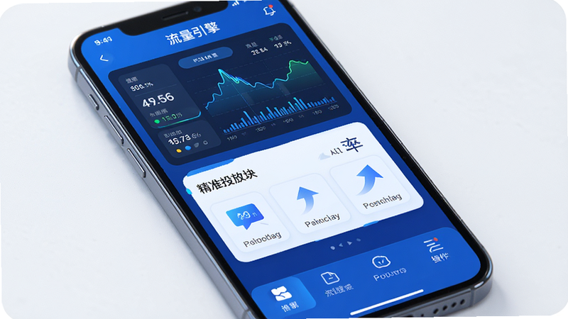 主体为智能手机屏幕,显示“流量引擎”APP界面,布局清晰,顶部为数据仪表盘,中部为精准投放模块,底部为操作菜单,排版简洁现代,风格为科技感蓝色调,细节包含实时数据流线条和点击率上升箭头,画质高清,干净,无多余元素