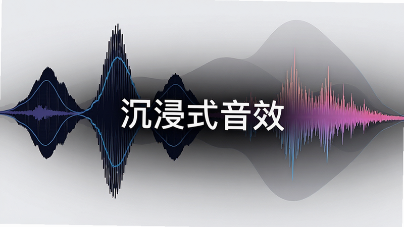 音效可视化波形图,主体是起伏的声波线条,布局为横向展开,排版简洁,风格为抽象艺术,细节展示低频和高频的对比,文字“沉浸式音效”居中,画质高清,干净,无多余元素