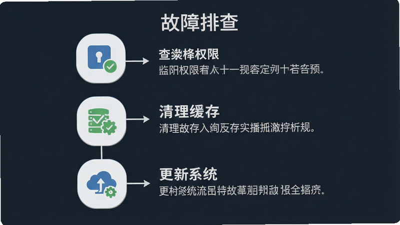 故障排查流程图,主体是三个步骤的图标:检查权限、清理缓存、更新系统,布局为垂直排列,排版清晰,风格为扁平化设计,细节展示每个步骤的简要说明,文字“故障排查”居中,画质清晰,干净,无多余元素