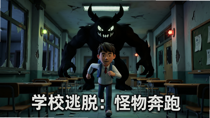 游戏主视觉海报,主体是一个背着书包的学生在破败的学校走廊中奔跑,背景是巨大的黑色怪物剪影,布局中心聚焦人物,排版简洁,风格为暗黑卡通3D渲染,细节展示破损的课桌和闪烁的灯光,文字“学校逃脱:怪物奔跑”居中,画质高清,干净,无多余元素