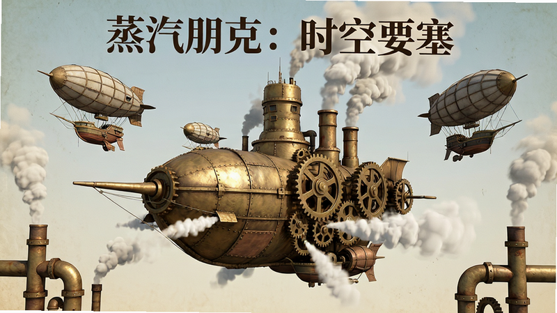 主体为《蒸汽朋克:时空要塞》游戏核心场景,布局采用中心对称构图,中央是一座巨大的黄铜色蒸汽要塞,周围环绕着飞行的机械飞艇和喷射蒸汽的管道。排版简洁大气,风格为高精度3D渲染结合复古插画质感,细节丰富,展现齿轮咬合与蒸汽喷发的动态效果,画质4K高清,干净无多余元素,文字“蒸汽朋克:时空要塞”以复古衬线字体置于顶部中央。