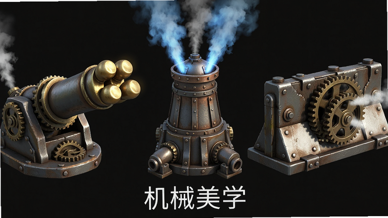 主体展示《蒸汽朋克:时空要塞》中的多种机械炮台特写,布局为水平排列,左侧是发射金色弹丸的加农炮,中间是喷射蓝色蒸汽的冷却塔,右侧是带有旋转齿轮的防御墙。风格为写实游戏UI截图风格,细节清晰,体现金属质感与蒸汽流动效果,画质清晰,无背景干扰,文字“机械美学”以简洁无衬线字体标注于底部。