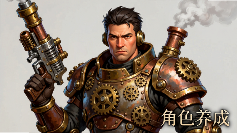 主体为《蒸汽朋克:时空要塞》中的英雄角色半身像,布局为居中构图,角色身穿带有齿轮装饰的机械装甲,手持蒸汽武器。风格为高精度角色原画,色彩饱和度高,细节精致,展现角色的坚毅表情与机械质感,画质4K,干净背景,文字“角色养成”以优雅字体置于右下角。