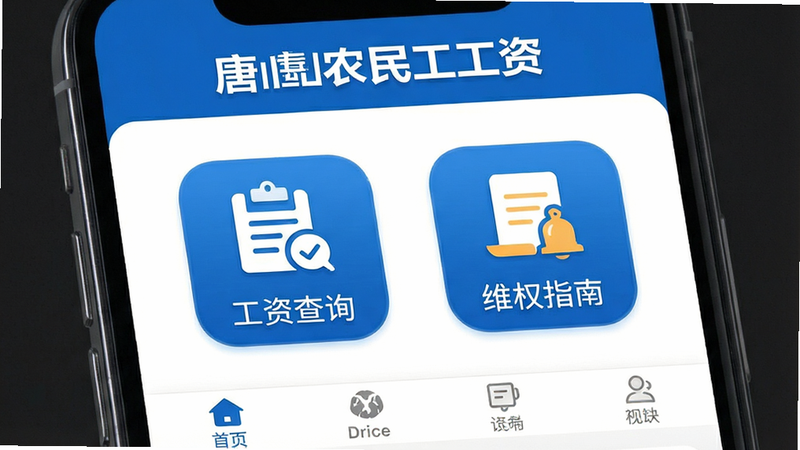 一张高清手机APP界面展示图,主体为“唐山农民工工资”APP首页,布局清晰,顶部显示应用名称,中间突出“工资查询”和“维权指南”两个大图标,底部为导航栏,整体风格简洁商务,蓝色主色调,白色背景,无多余装饰元素,画质超清,细节锐利