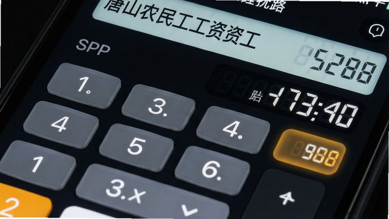 一张计算器界面特写,显示“唐山农民工工资”APP内的计算页面,数字键清晰,结果区域突出显示,背景为深色模式下的APP界面,科技感强,字体为无衬线体,清晰易读,无其他干扰元素,8K画质