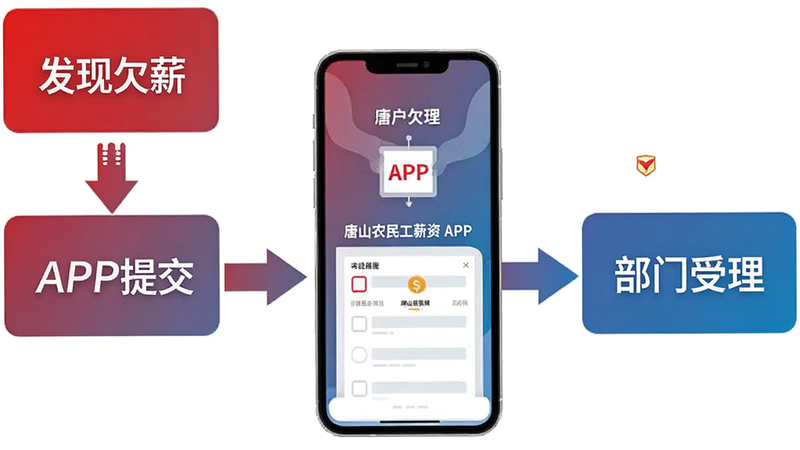 一张流程图示意图,展示从“发现欠薪”到“APP提交”再到“部门受理”的流程,中间穿插“唐山农民工工资”APP的手机模型,箭头指向明确,配色为红蓝渐变,象征正义与效率,简洁矢量风格,无阴影,高清渲染