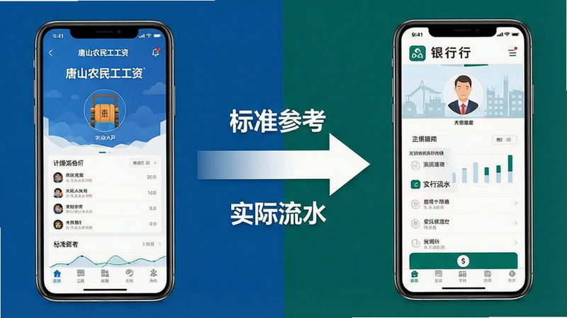 一张对比图,左侧为“唐山农民工工资”APP界面,右侧为银行APP界面,中间用箭头连接,标注“标准参考”与“实际流水”的区别,背景干净,文字清晰,专业商务风格,无多余装饰,高清