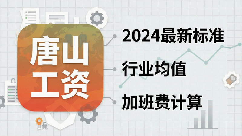 一张信息图表风格图片,左侧为“唐山农民工工资”APP图标,右侧列出“2024最新标准”、“行业均值”、“加班费计算”等数据条目,背景为浅灰色网格,字体清晰醒目,扁平化设计,干净利落,无背景杂色,高分辨率