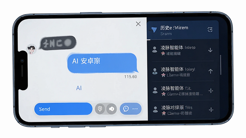凌脉智能体安卓版主界面预览图,主体为手机屏幕显示AI对话窗口,布局简洁现代,排版清晰,风格科技感蓝色调,细节包含发送按钮与历史记录侧栏,画质高清,干净,无多余元素