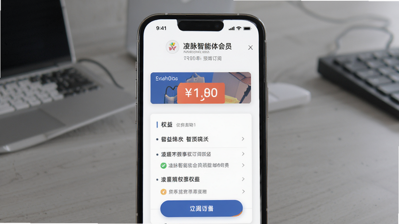 凌脉智能体会员订阅页面预览图,主体为手机付费界面,布局卡片式,排版醒目,风格商务,细节包含价格标签与权益列表,画质高清,干净,无多余元素