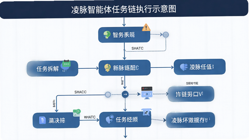 凌脉智能体任务链执行示意图,主体为流程图形式展示任务拆解过程,布局自上而下,排版逻辑清晰,风格商务简约,细节包含节点连接线与状态图标,画质清晰,干净,无多余元素