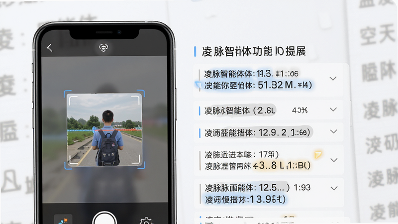 凌脉智能体功能展示图,主体为手机界面展示图片识别功能,布局左右分屏,左侧为上传的图片缩略图,右侧为提取后的文字列表,排版整齐,风格明亮清晰,细节高亮显示关键数据,画质细腻,干净,无多余元素
