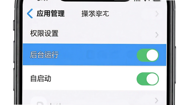 一张手机设置界面的操作示意图,展示“应用管理”中的“权限设置”页面,重点高亮显示“后台运行”和“自启动”开关,风格简洁,UI设计扁平化,文字清晰,高清,无水印,干净背景